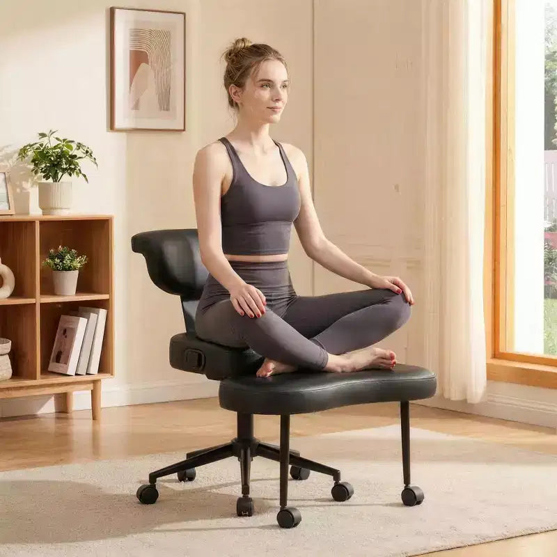 Chaise de bureau ergonomique pour s'asseoir en tailleur avec support lombaire, chaise de méditation pivotante à 360° avec roulettes