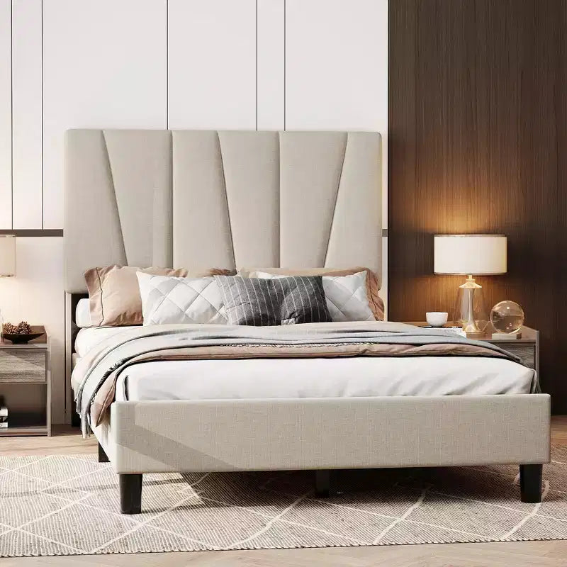 Twin Platform Bed Frame with Adjustable Linen Upholstered Headboard, Strong Wooden Slats, Mattress Foundation, No Box Spring Needed & Easy Assembly