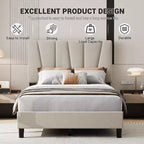 Cadre de lit double avec tête de lit réglable en lin rembourrée, lattes en bois solides, sommier, pas besoin de sommier tapissier et montage facile