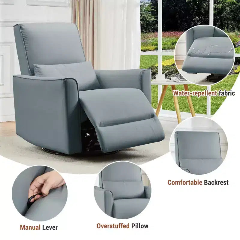 Fauteuil Inclinable, Berçant et Pivotant Manuel, avec Support Lombaire et Accoudoirs, pour Chambre de Bébé, Salon, Chambre à Coucher