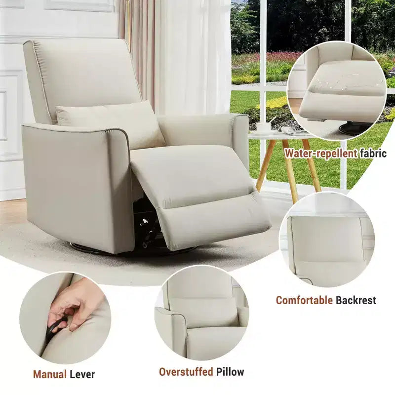 Fauteuil Inclinable, Berçant et Pivotant Manuel, avec Support Lombaire et Accoudoirs, pour Chambre de Bébé, Salon, Chambre à Coucher