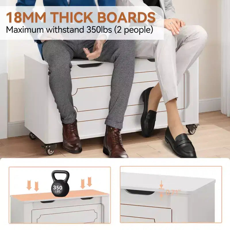 Banc de rangement pratique, meuble à chaussures en bois de 100 cm avec roulettes, 2 charnières de sécurité, structure robuste et capacité de charge jusqu'à 160 kg.