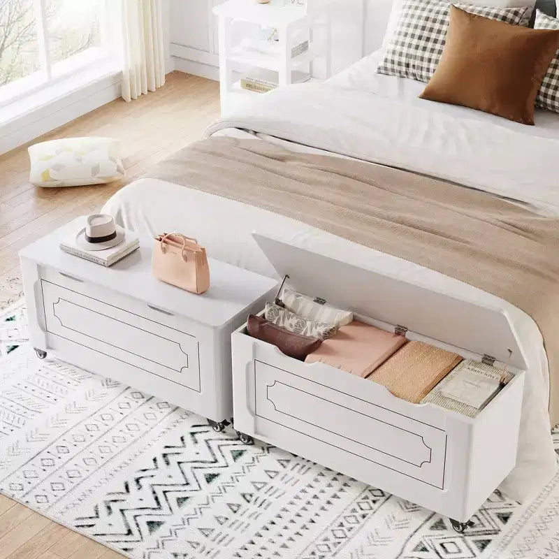 Banc de rangement pratique, meuble à chaussures en bois de 100 cm avec roulettes, 2 charnières de sécurité, structure robuste et capacité de charge jusqu'à 160 kg.