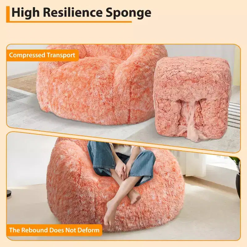 Pouf géant en fausse fourrure douce avec accoudoirs  Fauteuil de salon avec rembourrage en mousse, confortable pour la chambre, le salon, la lecture et les jeux  Orange