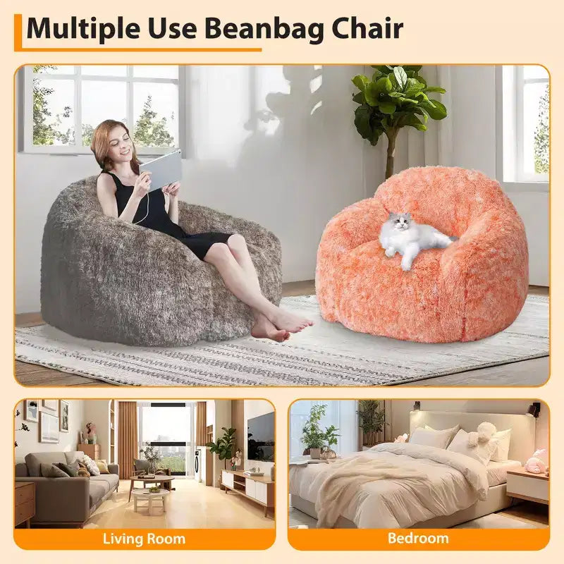 Pouf géant en fausse fourrure douce avec accoudoirs  Fauteuil de salon avec rembourrage en mousse, confortable pour la chambre, le salon, la lecture et les jeux  Orange