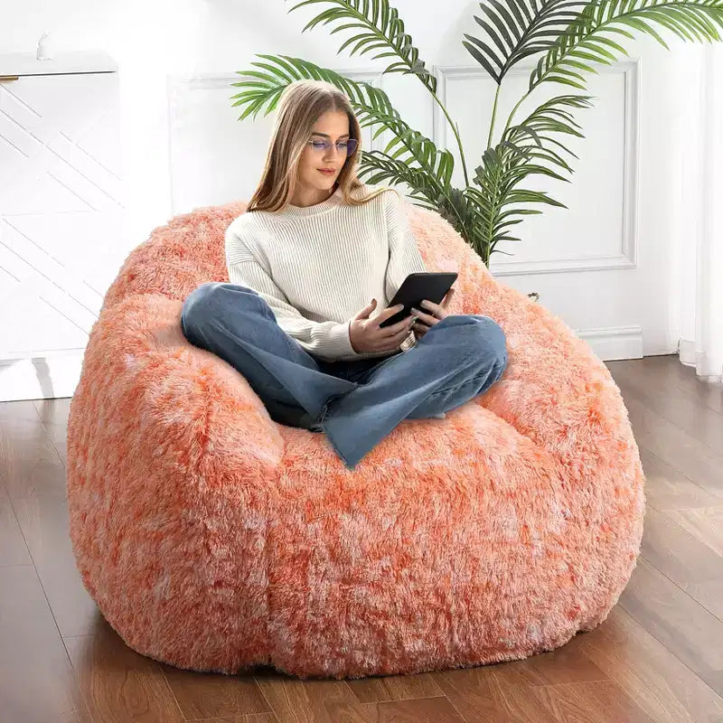 Pouf géant en fausse fourrure douce avec accoudoirs  Fauteuil de salon avec rembourrage en mousse, confortable pour la chambre, le salon, la lecture et les jeux  Orange