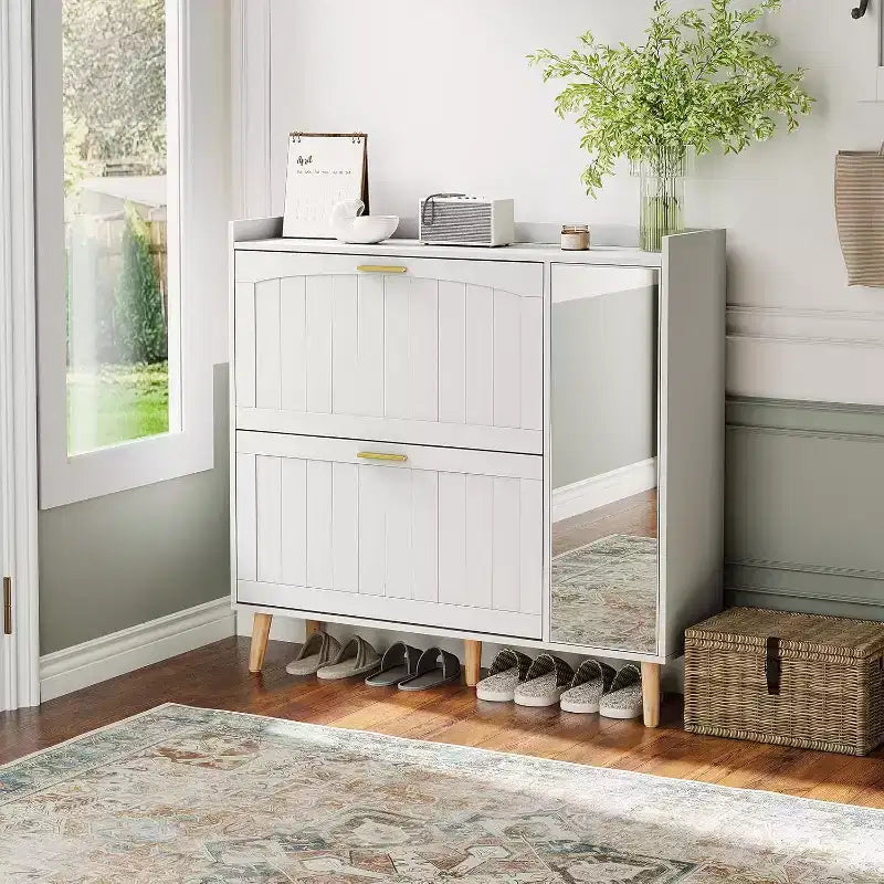 Shoe cabinet with mirror, two flip-top drawers and side storage cabinet; freestanding design with adjustable shelves; hallways and bedrooms.