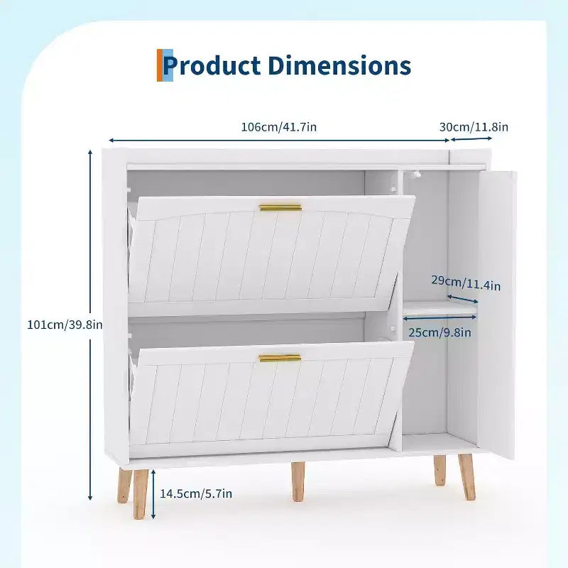 Meuble à chaussures avec miroir, deux tiroirs basculants et meuble de rangement latéral ; conception autoportante avec étagères réglables ; couloirs et chambres.