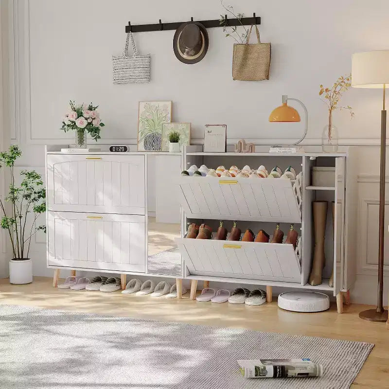 Meuble à chaussures avec miroir, deux tiroirs basculants et meuble de rangement latéral ; conception autoportante avec étagères réglables ; couloirs et chambres.