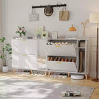 Meuble à chaussures avec miroir, deux tiroirs basculants et meuble de rangement latéral ; conception autoportante avec étagères réglables ; couloirs et chambres.