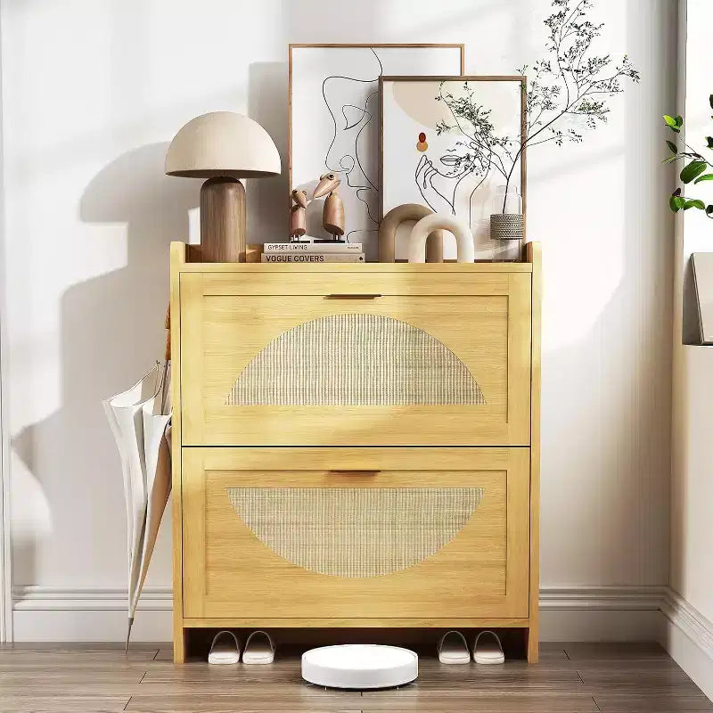 Meuble à chaussures en rotin avec 2 tiroirs basculants, armoire à chaussures en bois naturel pour entrée, couloir ou salon