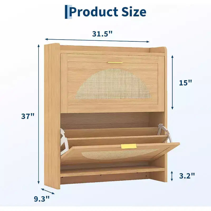 Meuble à chaussures en rotin avec 2 tiroirs basculants, armoire à chaussures en bois naturel pour entrée, couloir ou salon