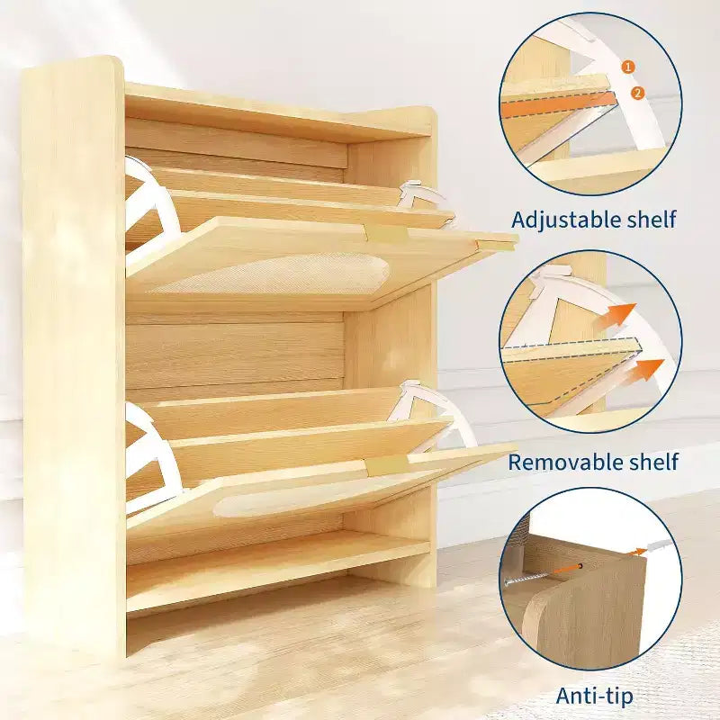 Meuble à chaussures en rotin avec 2 tiroirs basculants, armoire à chaussures en bois naturel pour entrée, couloir ou salon