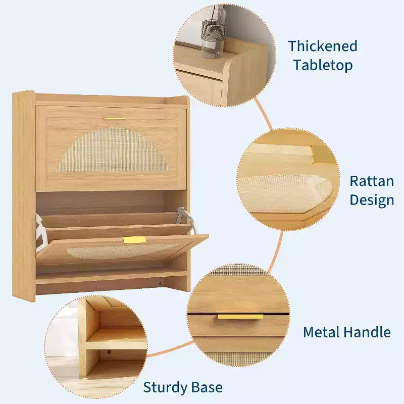 Meuble à chaussures en rotin avec 2 tiroirs basculants, armoire à chaussures en bois naturel pour entrée, couloir ou salon