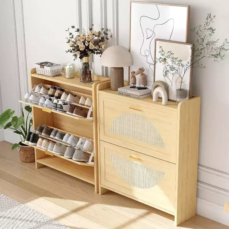 Meuble à chaussures en rotin avec 2 tiroirs basculants, armoire à chaussures en bois naturel pour entrée, couloir ou salon