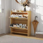 Meuble à chaussures en rotin avec 2 tiroirs basculants, armoire à chaussures en bois naturel pour entrée, couloir ou salon