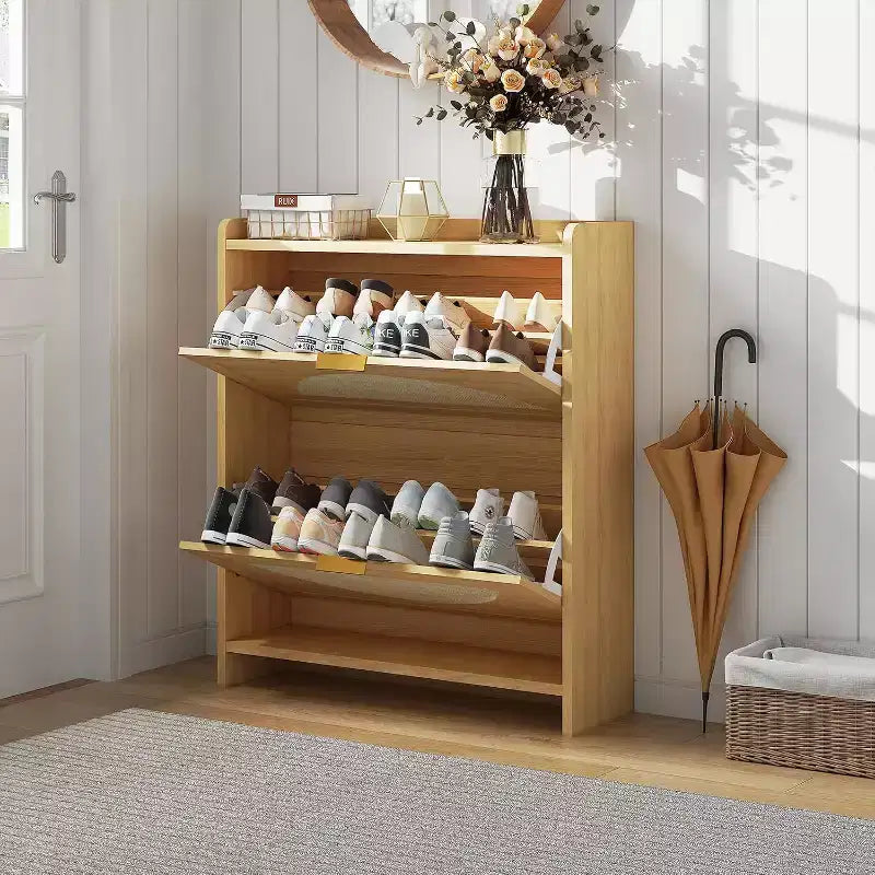 Meuble à chaussures en rotin avec 2 tiroirs basculants, armoire à chaussures en bois naturel pour entrée, couloir ou salon