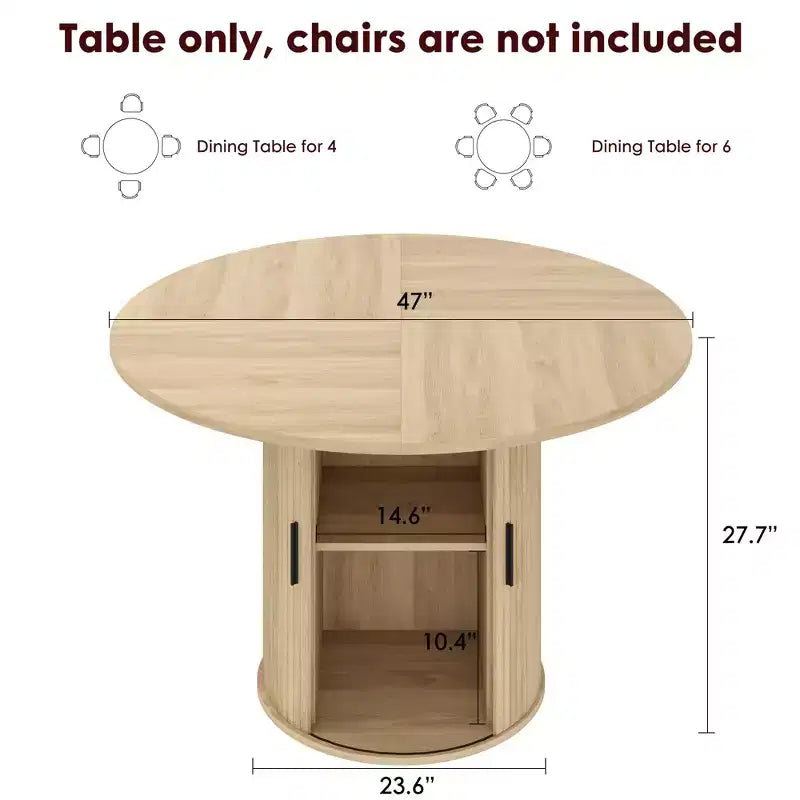 Table de salle à manger ronde 47" pour 4 personnes, étagère de rangement à 2 niveaux et porte coulissante en bois, table à dîner de cuisine pour la maison, la salle à manger et le salon