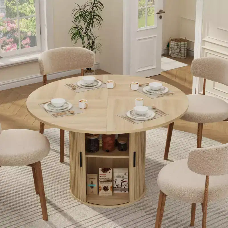Table de salle à manger ronde 47" pour 4 personnes, étagère de rangement à 2 niveaux et porte coulissante en bois, table à dîner de cuisine pour la maison, la salle à manger et le salon