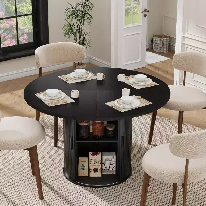 Table de salle à manger ronde 47" pour 4 personnes, étagère de rangement à 2 niveaux et porte coulissante en bois, table à dîner de cuisine pour la maison, la salle à manger et le salon