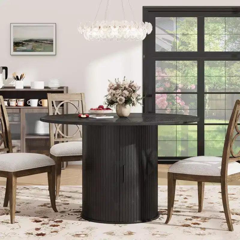 Table de salle à manger ronde 47" pour 4 personnes, étagère de rangement à 2 niveaux et porte coulissante en bois, table à dîner de cuisine pour la maison, la salle à manger et le salon