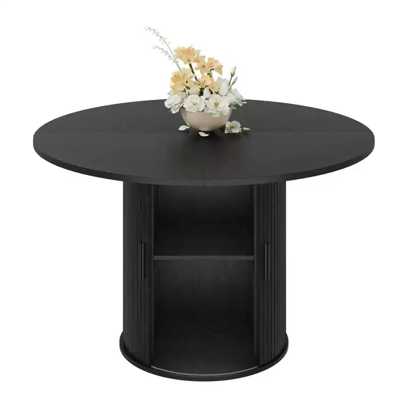 Table de salle à manger ronde 47" pour 4 personnes, étagère de rangement à 2 niveaux et porte coulissante en bois, table à dîner de cuisine pour la maison, la salle à manger et le salon