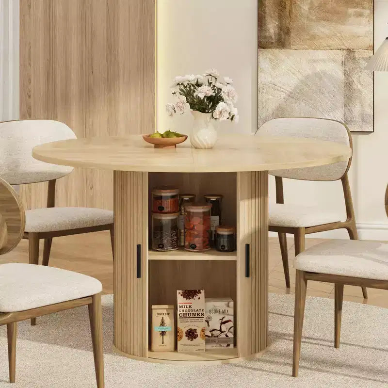 Table de salle à manger ronde 47" pour 4 personnes, étagère de rangement à 2 niveaux et porte coulissante en bois, table à dîner de cuisine pour la maison, la salle à manger et le salon
