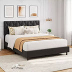 Coolmee Adjustable Upholstered Headboard Platform Bed, Modern Bed Frame with Wooden Slats & Triangular Feet, Easy to Assemble