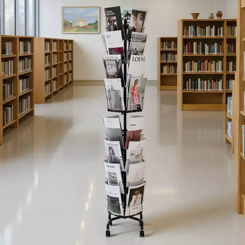 Présentoir à cartes de vœux VEVOR, présentoir rotatif à 32 poches pour cartes postales et brochures, avec porte-panneau et 4 roulettes (dont 2 verrouillables), noir