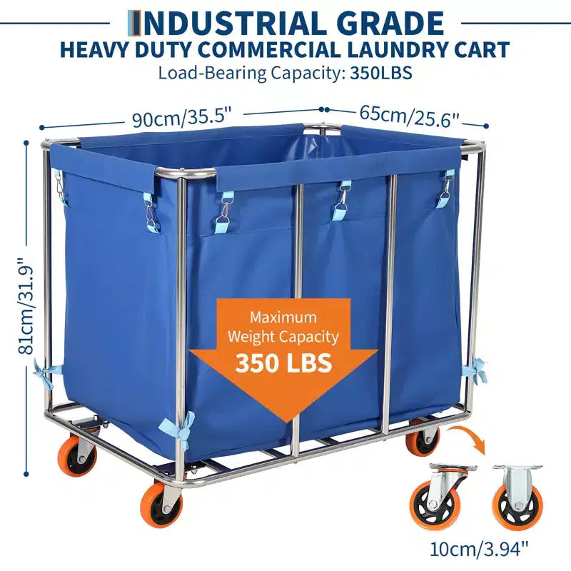 Chariot à linge robuste 400 L avec roues, doublure amovible en Oxford imperméable, chariot à plateforme roulante pour hôtel, hôpital, école, maison - Bleu