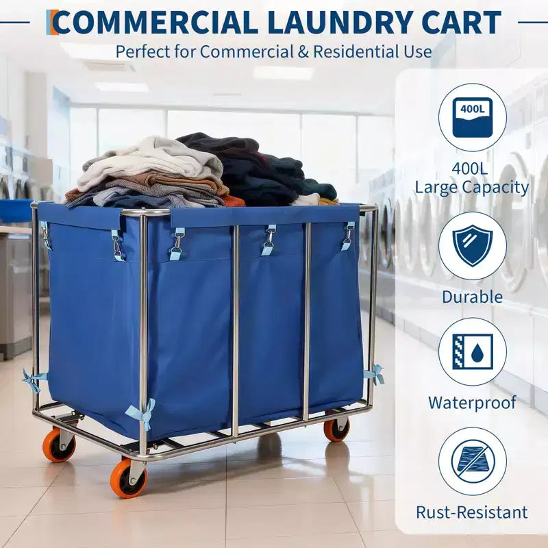 Chariot à linge robuste 400 L avec roues, doublure amovible en Oxford imperméable, chariot à plateforme roulante pour hôtel, hôpital, école, maison - Bleu