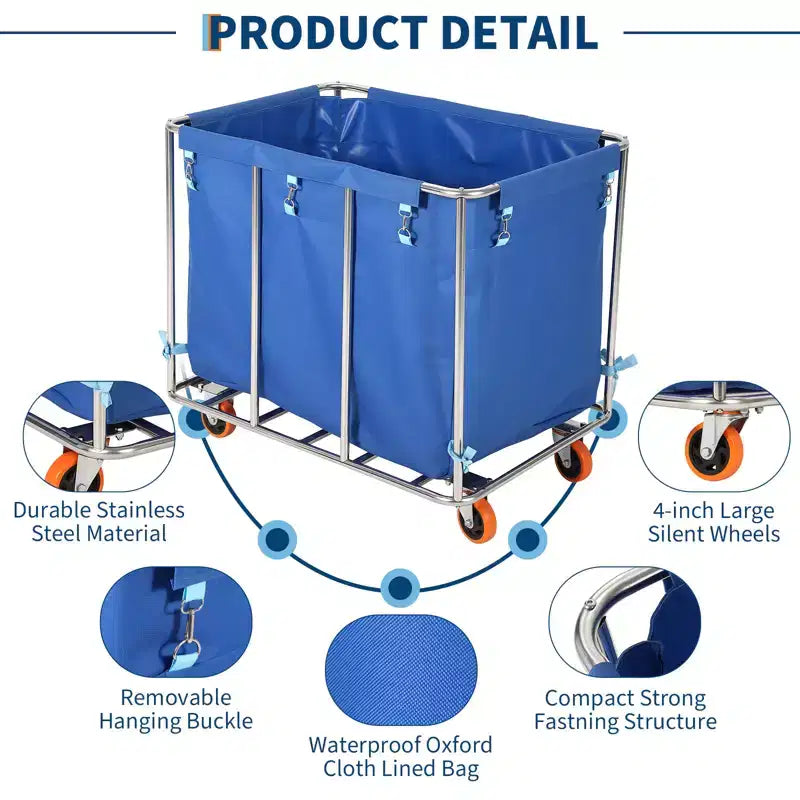 Chariot à linge robuste 400 L avec roues, doublure amovible en Oxford imperméable, chariot à plateforme roulante pour hôtel, hôpital, école, maison - Bleu
