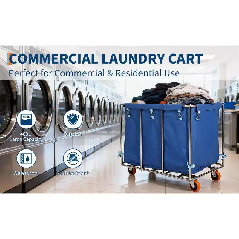 Chariot à linge robuste 400 L avec roues, doublure amovible en Oxford imperméable, chariot à plateforme roulante pour hôtel, hôpital, école, maison - Bleu