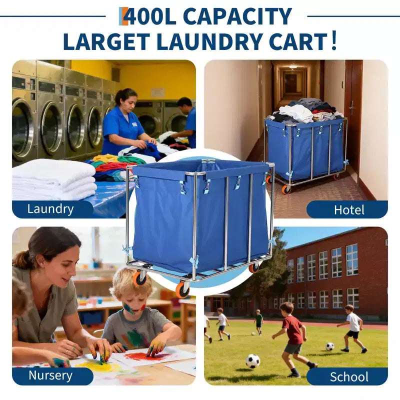 Chariot à linge robuste 400 L avec roues, doublure amovible en Oxford imperméable, chariot à plateforme roulante pour hôtel, hôpital, école, maison - Bleu
