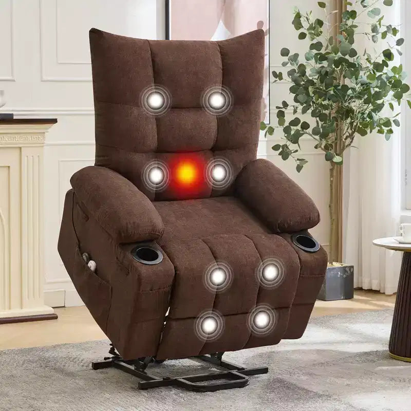 Fauteuil inclinable électrique avec fonction releveur, massage et chauffage, aide au lever à 45°, revêtement rembourré doux, poche latérale et porte-gobelets