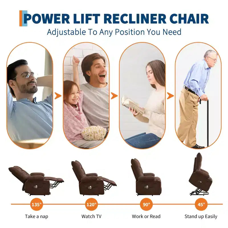 Fauteuil inclinable électrique avec fonction releveur, massage et chauffage, aide au lever à 45°, revêtement rembourré doux, poche latérale et porte-gobelets