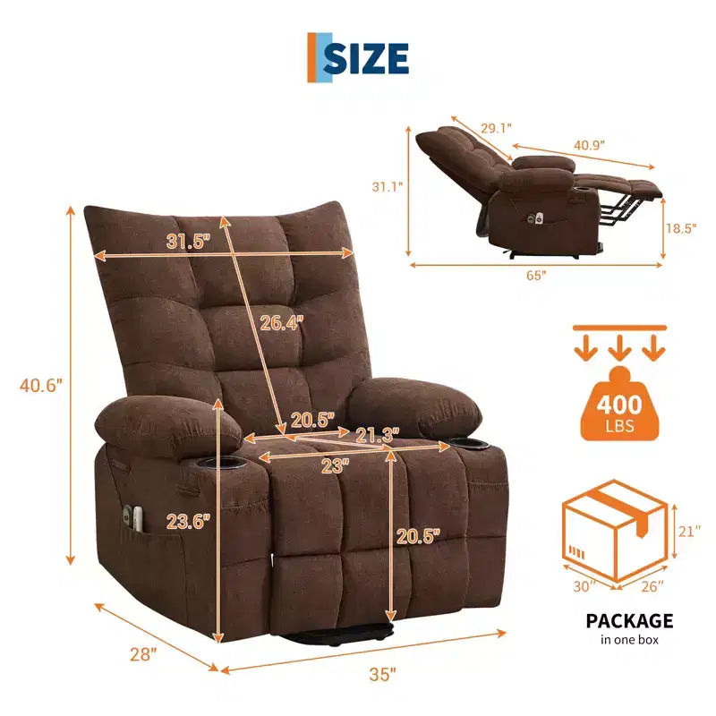 Fauteuil inclinable électrique avec fonction releveur, massage et chauffage, aide au lever à 45°, revêtement rembourré doux, poche latérale et porte-gobelets