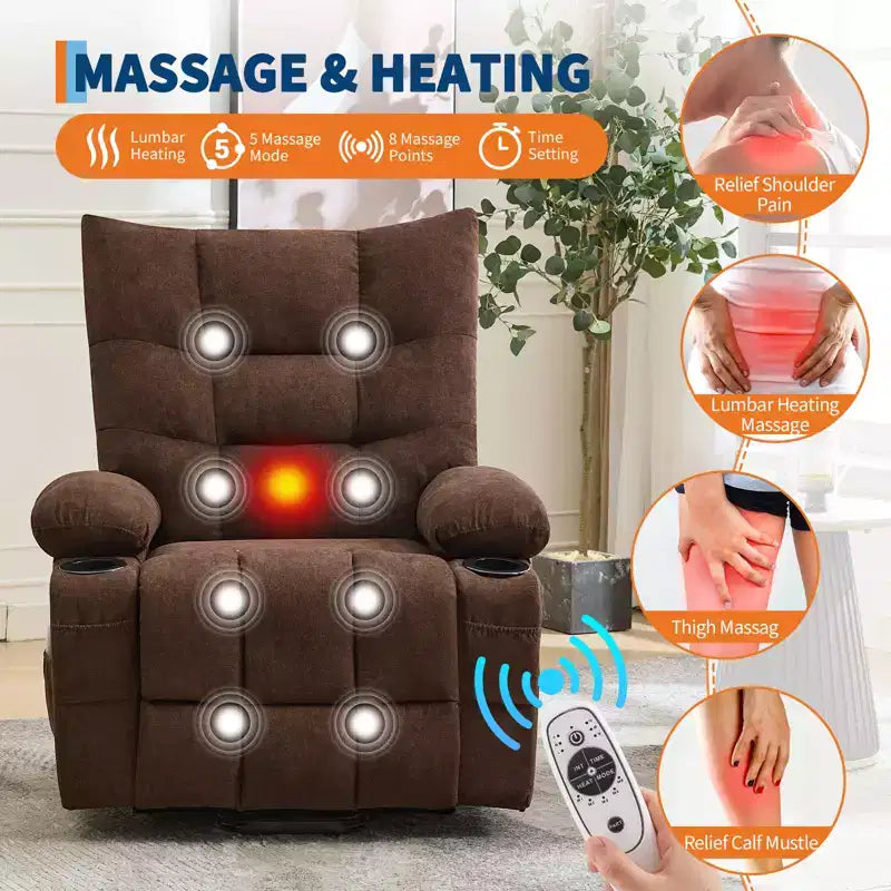 Fauteuil inclinable électrique avec fonction releveur, massage et chauffage, aide au lever à 45°, revêtement rembourré doux, poche latérale et porte-gobelets