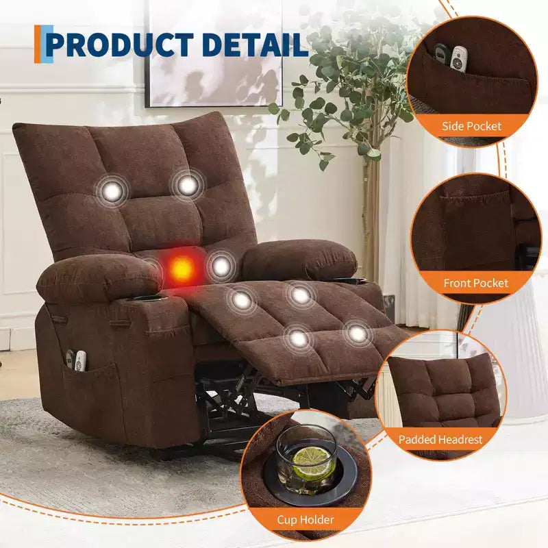 Fauteuil inclinable électrique avec fonction releveur, massage et chauffage, aide au lever à 45°, revêtement rembourré doux, poche latérale et porte-gobelets