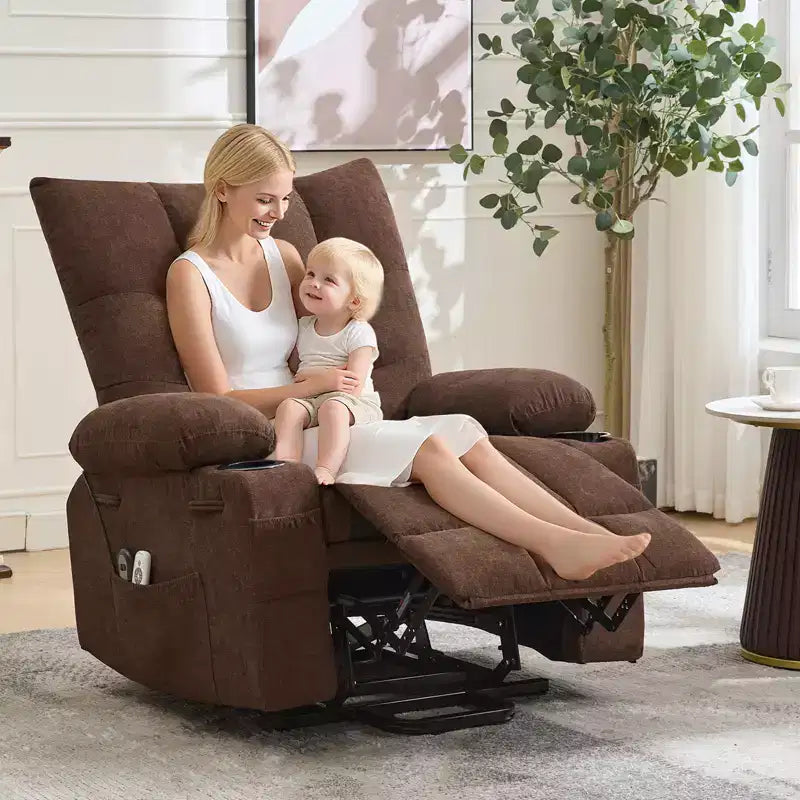 Fauteuil inclinable électrique avec fonction releveur, massage et chauffage, aide au lever à 45°, revêtement rembourré doux, poche latérale et porte-gobelets