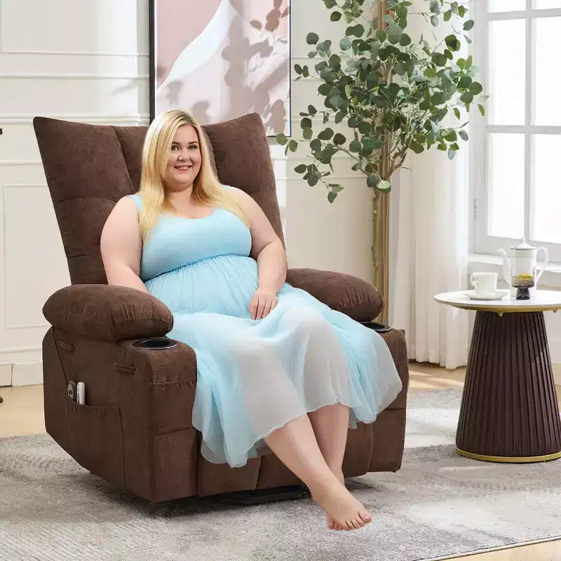 Fauteuil inclinable électrique avec fonction releveur, massage et chauffage, aide au lever à 45°, revêtement rembourré doux, poche latérale et porte-gobelets