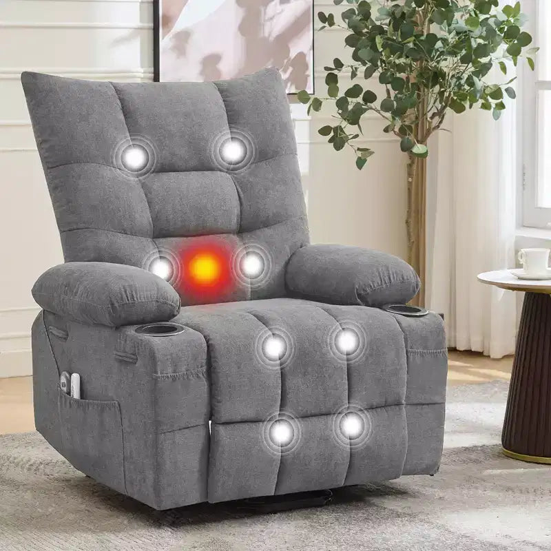 Fauteuil inclinable électrique avec fonction releveur, massage et chauffage, aide au lever à 45°, revêtement rembourré doux, poche latérale et porte-gobelets