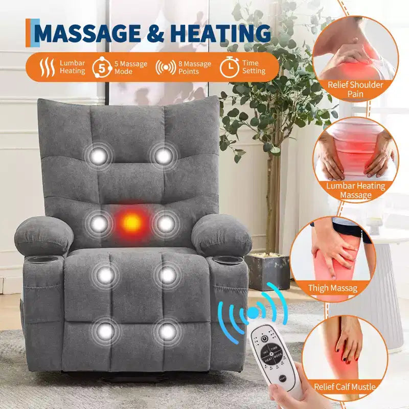 Fauteuil inclinable électrique avec fonction releveur, massage et chauffage, aide au lever à 45°, revêtement rembourré doux, poche latérale et porte-gobelets