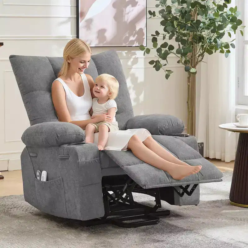 Fauteuil inclinable électrique avec fonction releveur, massage et chauffage, aide au lever à 45°, revêtement rembourré doux, poche latérale et porte-gobelets
