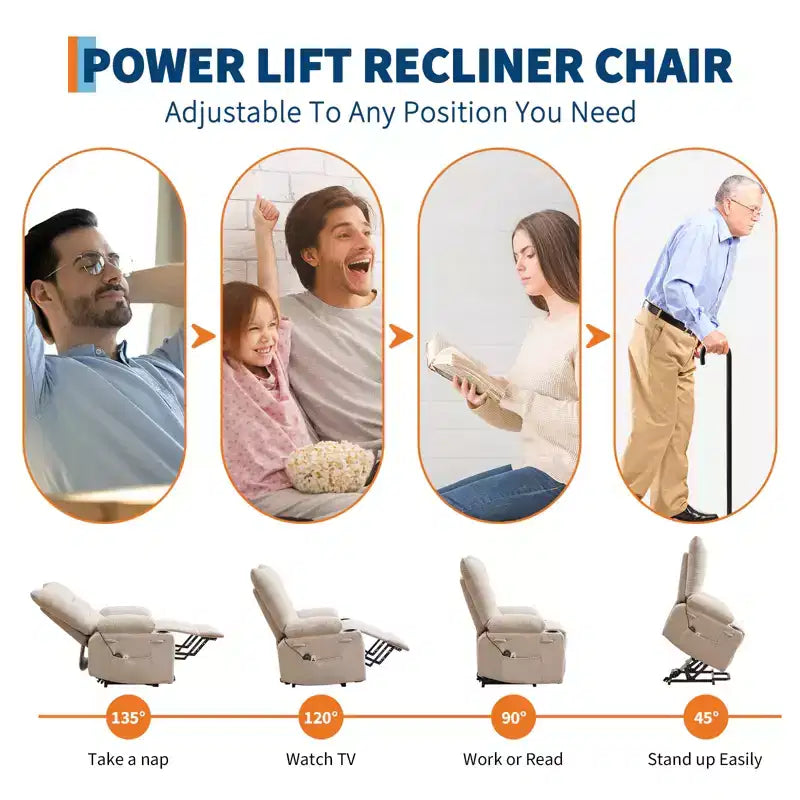Fauteuil inclinable électrique avec fonction releveur, massage et chauffage, aide au lever à 45°, revêtement rembourré doux, poche latérale et porte-gobelets