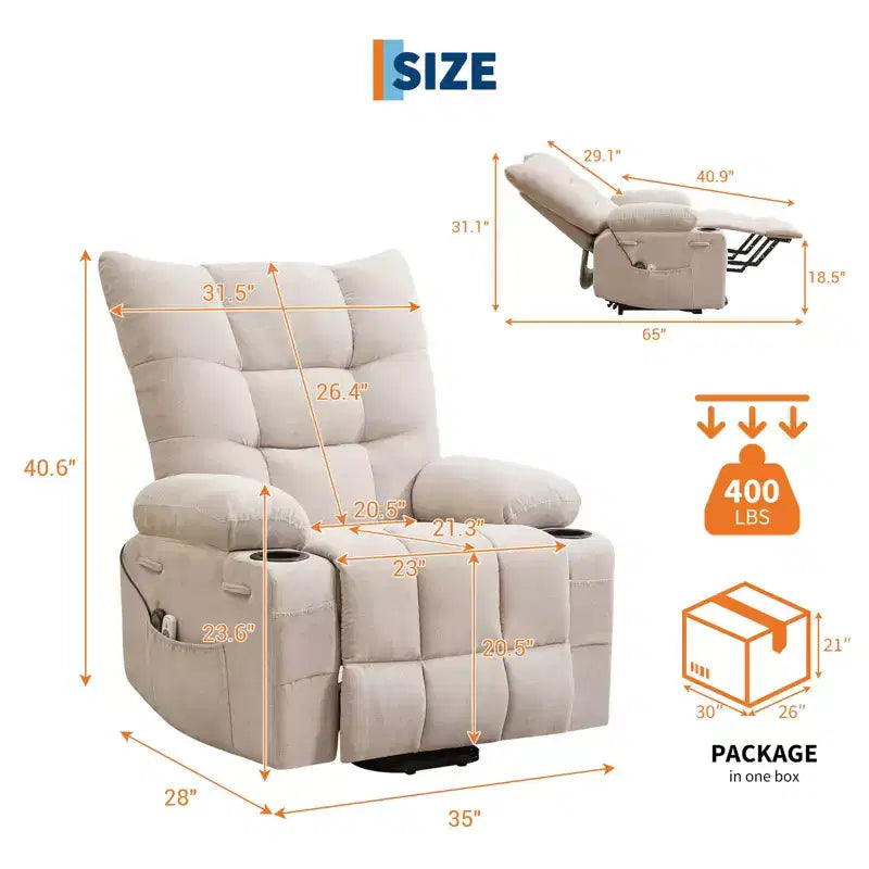 Fauteuil inclinable électrique avec fonction releveur, massage et chauffage, aide au lever à 45°, revêtement rembourré doux, poche latérale et porte-gobelets