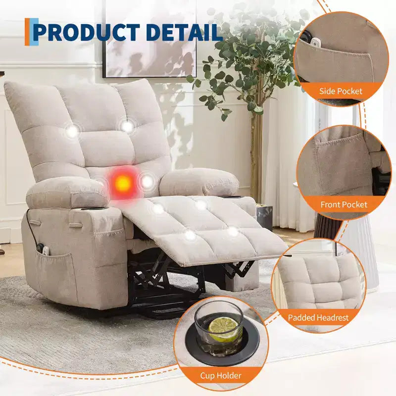 Fauteuil inclinable électrique avec fonction releveur, massage et chauffage, aide au lever à 45°, revêtement rembourré doux, poche latérale et porte-gobelets