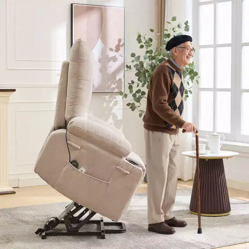 Fauteuil inclinable électrique avec fonction releveur, massage et chauffage, aide au lever à 45°, revêtement rembourré doux, poche latérale et porte-gobelets