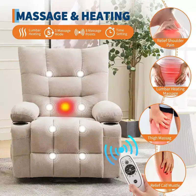 Fauteuil inclinable électrique avec fonction releveur, massage et chauffage, aide au lever à 45°, revêtement rembourré doux, poche latérale et porte-gobelets