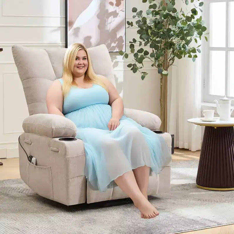 Fauteuil inclinable électrique avec fonction releveur, massage et chauffage, aide au lever à 45°, revêtement rembourré doux, poche latérale et porte-gobelets